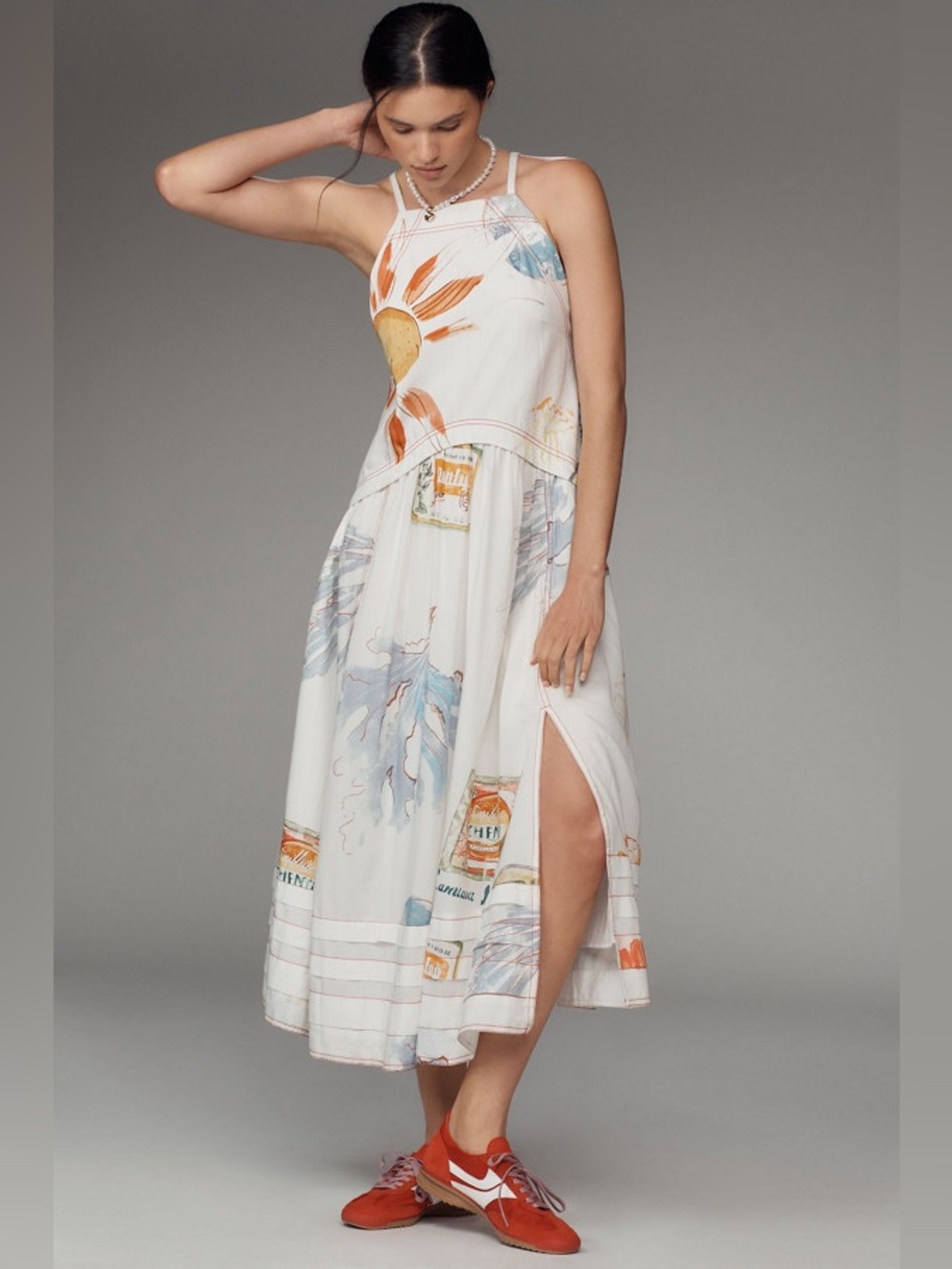 Anthropologie White Midi Dress with Orange Sun & Blue Floral Accents